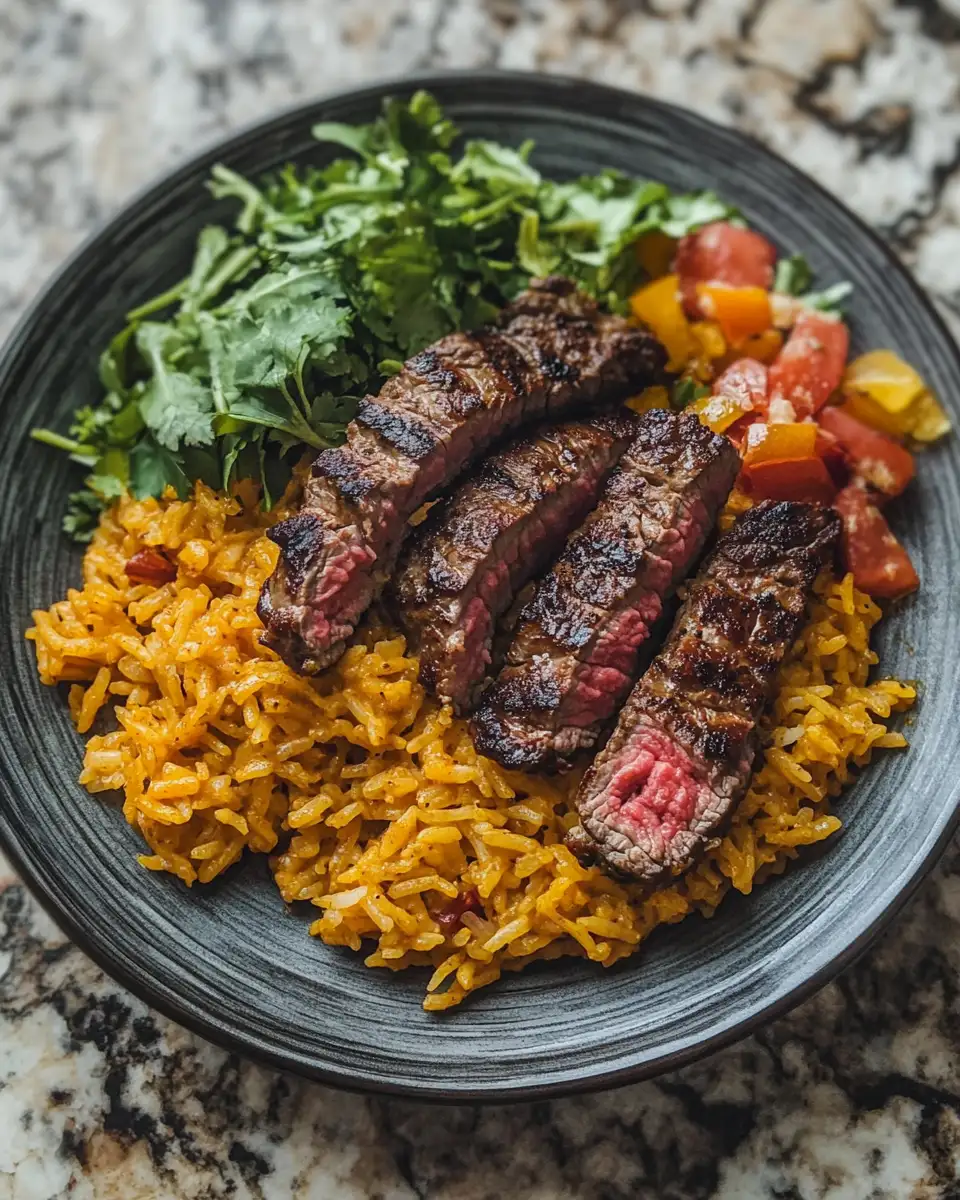 Final dish - Indulge in Creamy Queso Rice Paired with Juicy Steak Strips