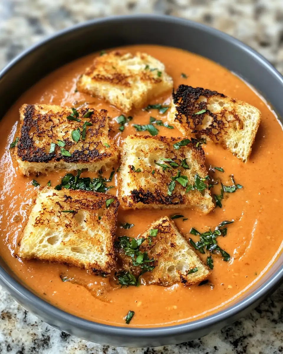 Final dish - Indulge in Comfort: Creamy Tomato Bisque with Grilled Cheese Croutons