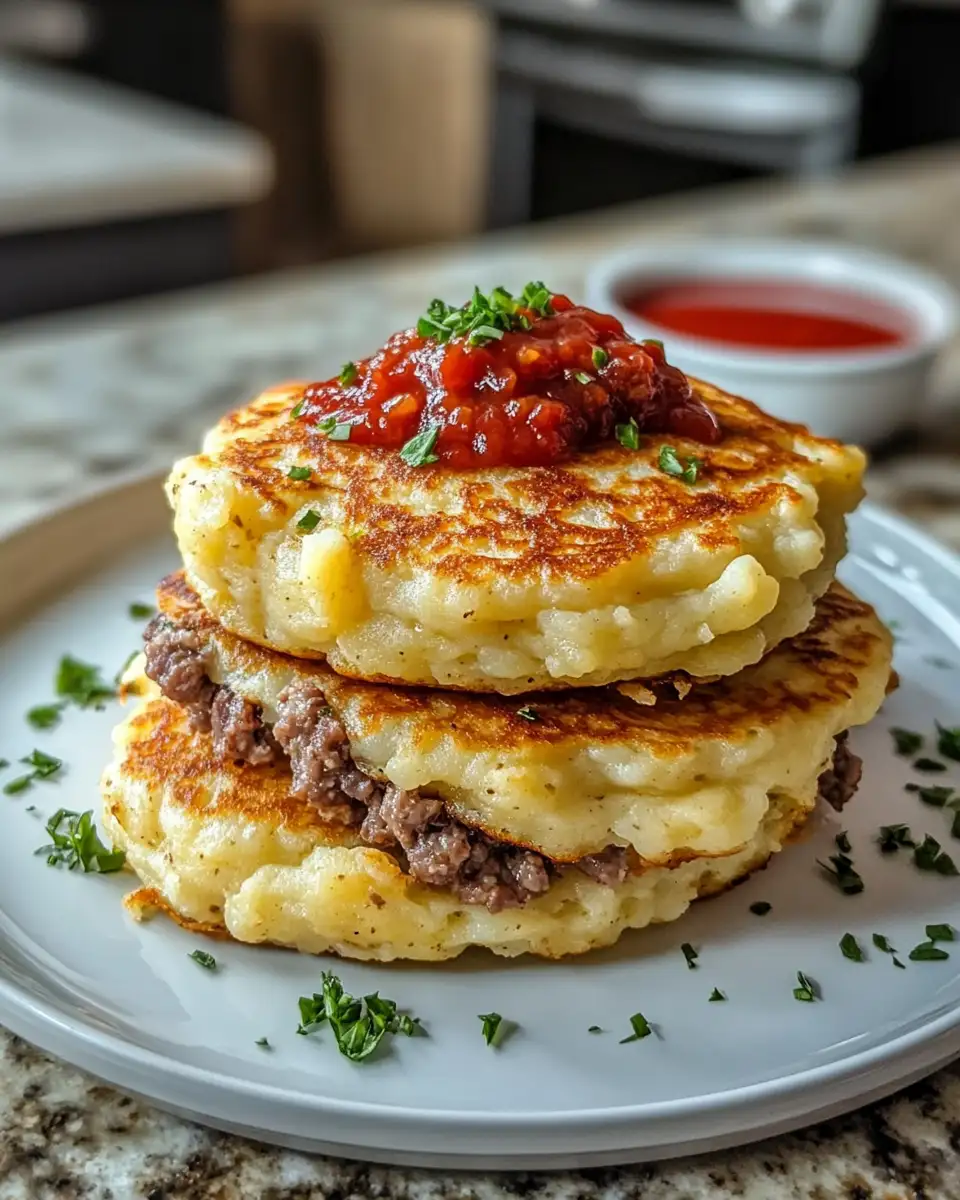 Final dish - Savory Delight: Mashed Potato Pancakes Stuffed with Flavorful Meat Filling