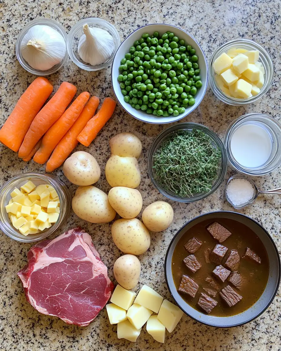 Ingredients for Hearty Beef Stew with Irresistible Potato Topping: A Comfort Food Classic