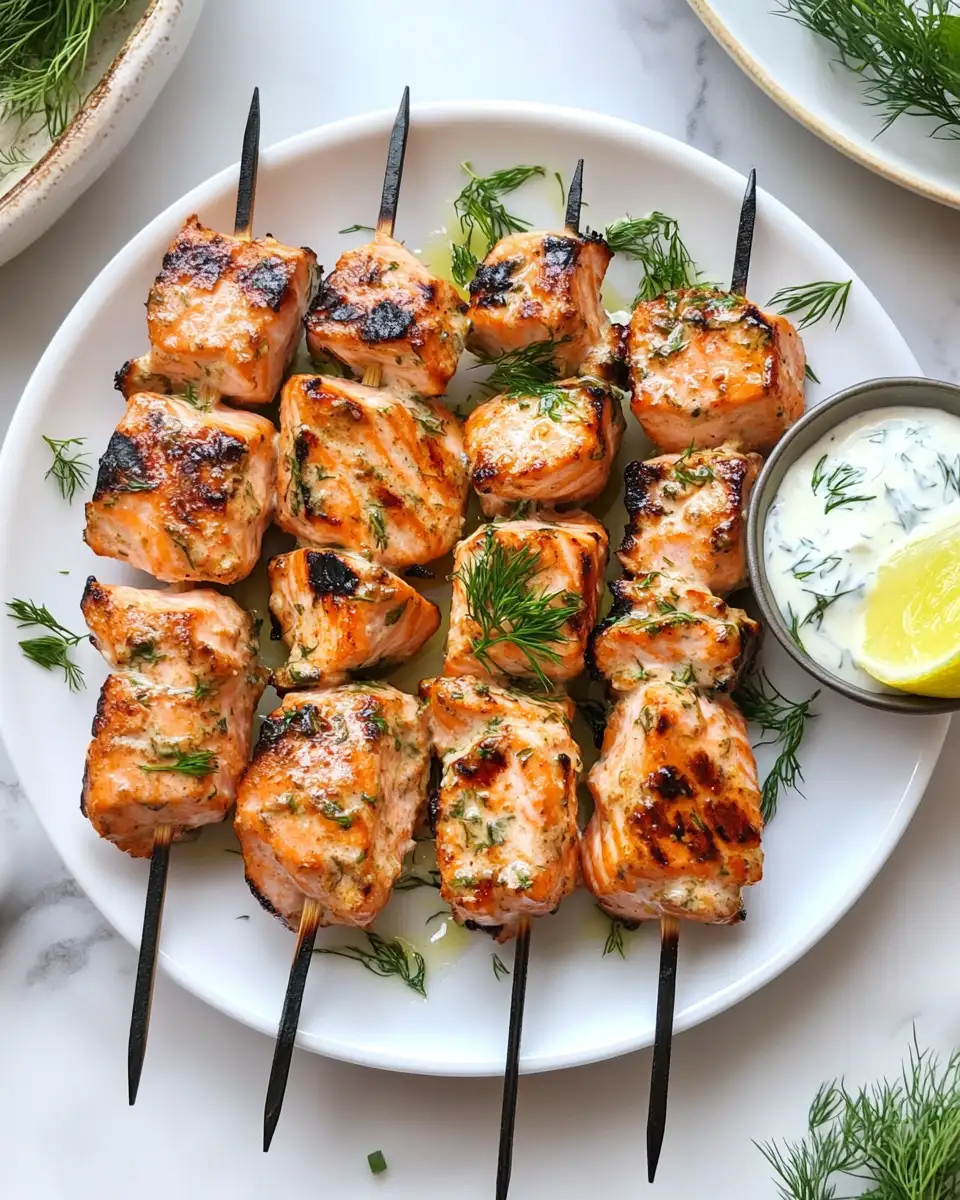 Final dish - Savor Summer with Grilled Salmon Skewers and Creamy Dill Yogurt Sauce