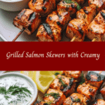 Grilled Salmon Skewers with Creamy Dill Yogurt Sauce 🍣🔥