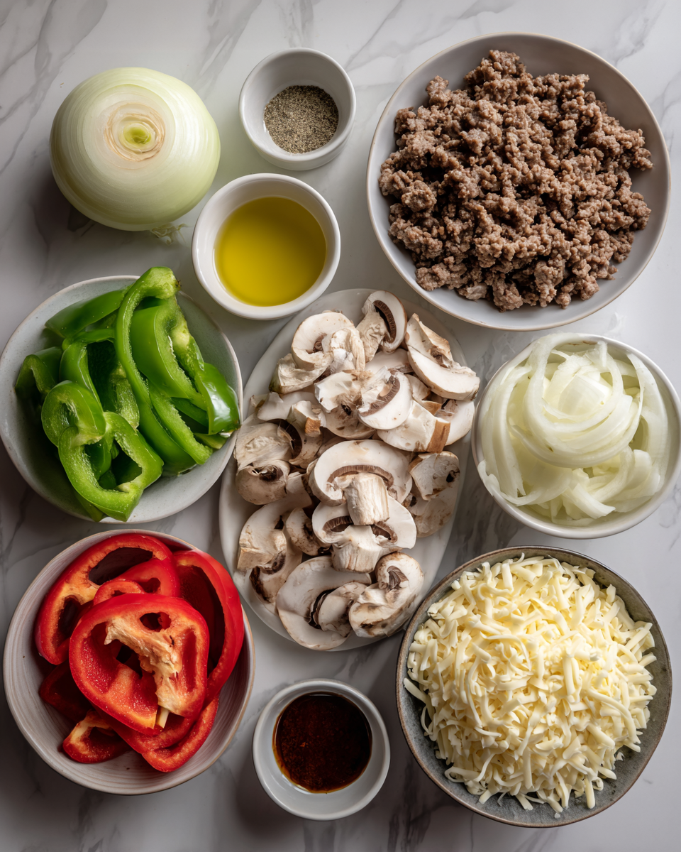 Ingredients for Ultimate Cheesy Low Carb Philly Casserole Delight