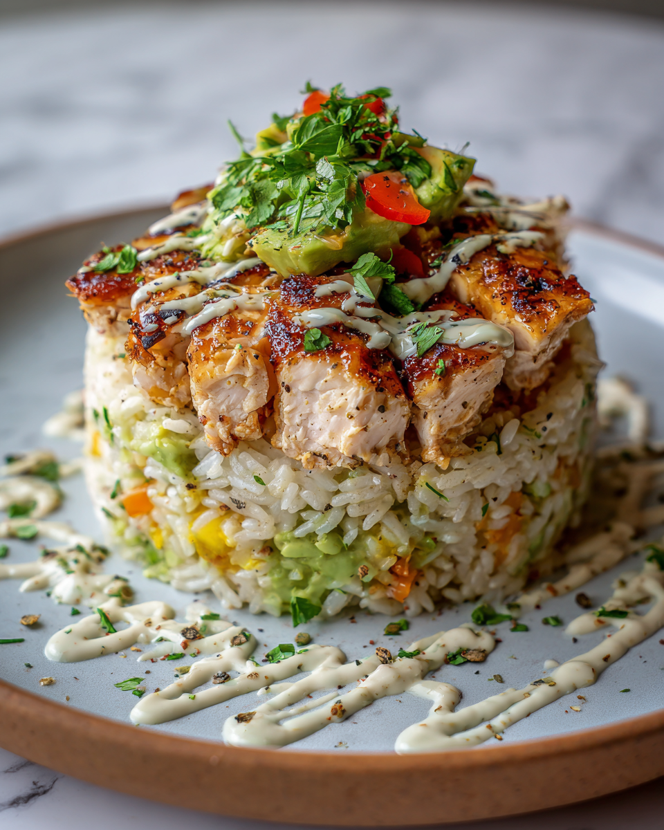 Final dish - Elevate Your Meal Game with the Irresistible Chicken & Avocado Rice Stack