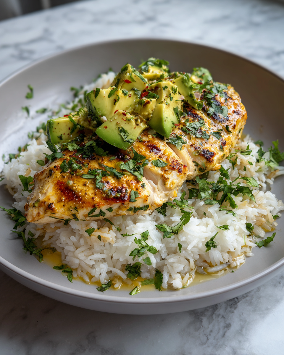 Final dish - Cilantro Lime Chicken with Avocado and Jasmine Rice: A Zesty Twist on Dinner Delight