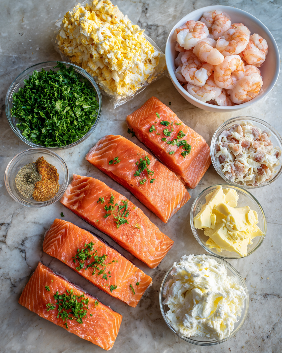 Ingredients for Dive Into Decadence: Crab and Shrimp Stuffed Baked Salmon Delight