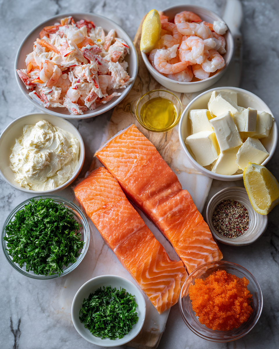 Ingredients for Delectable Delight: Crab and Shrimp Stuffed Salmon Sensation