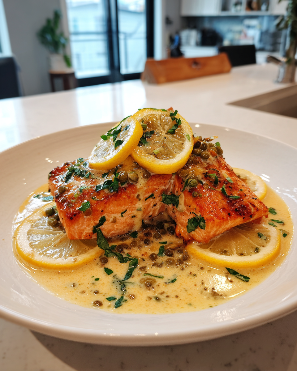 Final dish - Zesty Indulgence: Creamy Lemon Garlic Salmon Piccata Delight