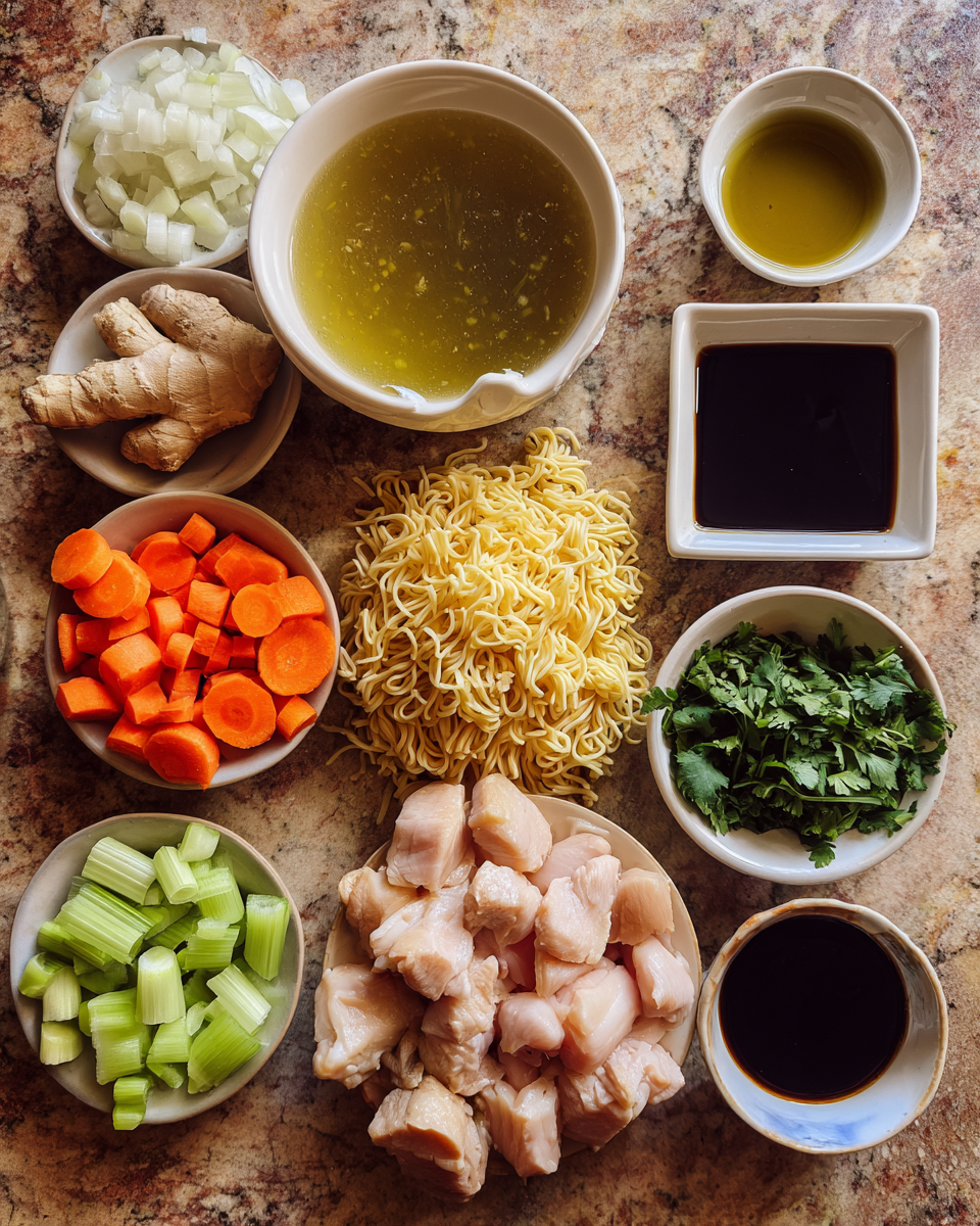 Ingredients for Soul-Soothing Ginger Garlic Chicken Noodle Soup to Warm Your Heart