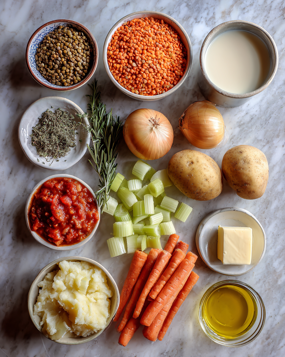Ingredients for Cozy Comfort: Lentil Stew Over Creamy Mashed Potatoes