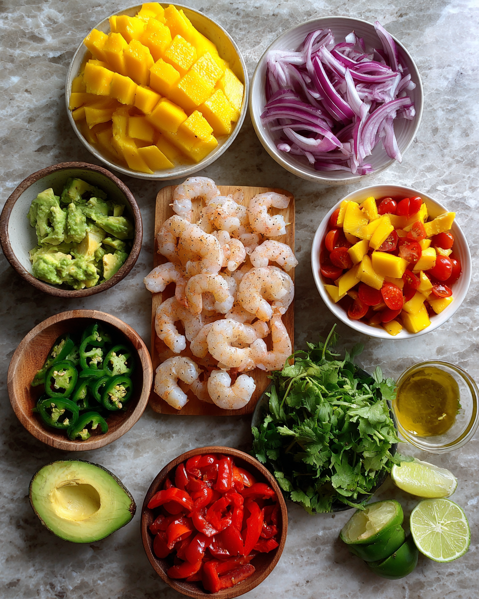 Ingredients for Tropical Bliss: Mango Shrimp Salad with Zesty Lime Dressing