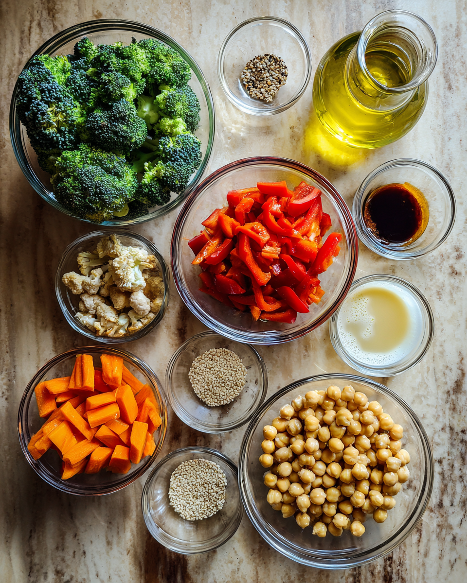 Ingredients for Maple Tahini Magic: Roasted Veggie and Chickpea Bowl Delight