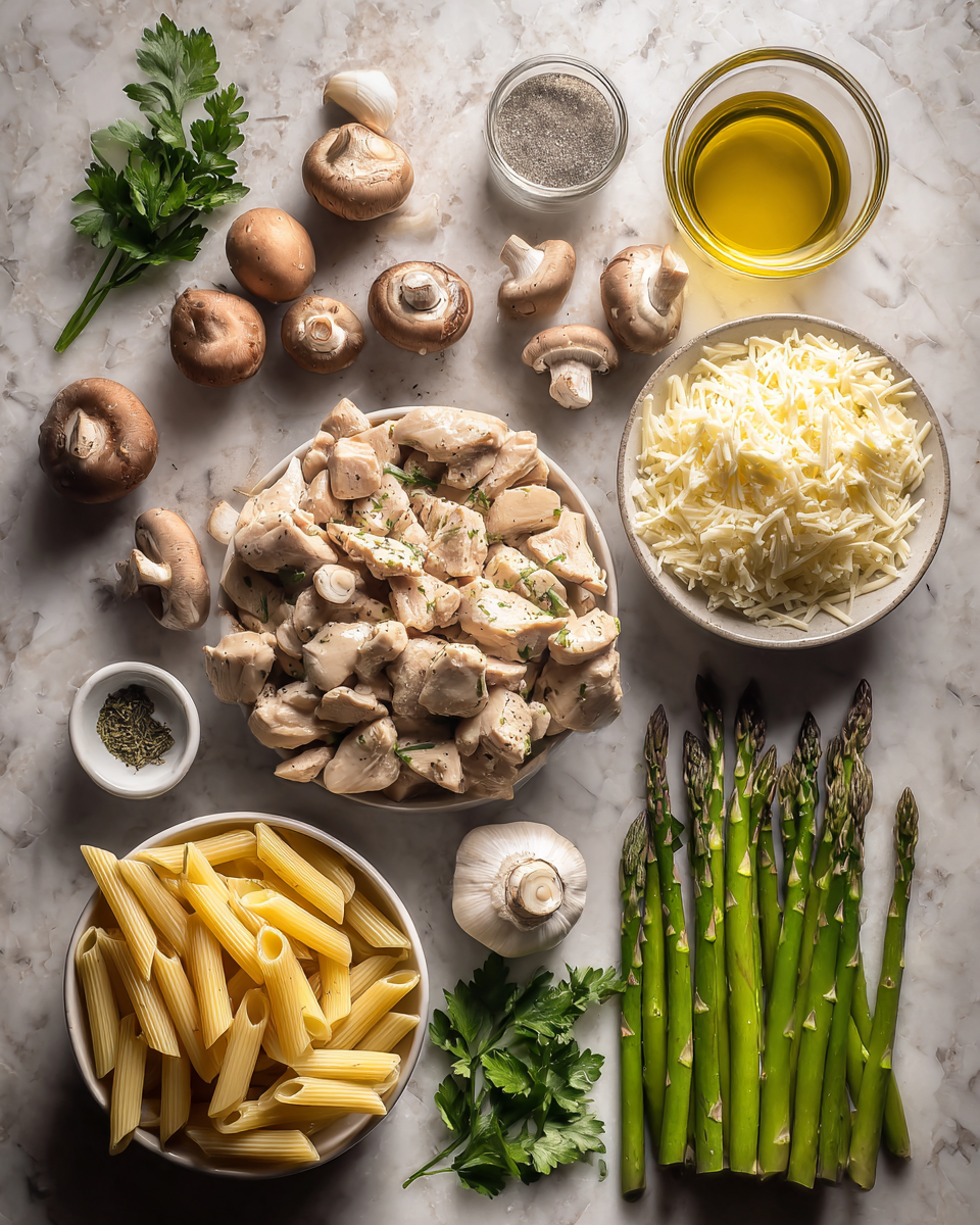 Ingredients for Savor the Flavor: Mushroom Asparagus Chicken Penne Perfection