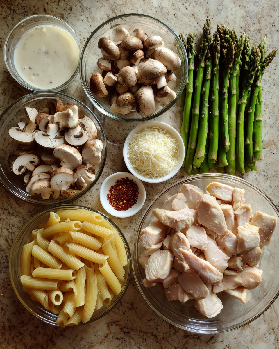 Ingredients for Savor the Flavor: Mushroom Asparagus Chicken Penne Delight