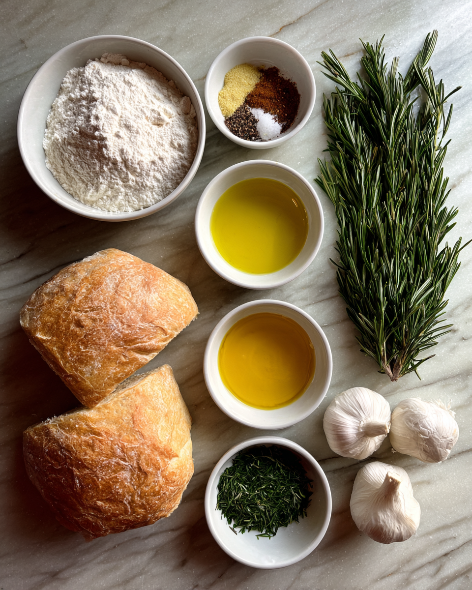 Ingredients for Effortless Artisan Delight: No-Knead Rosemary Garlic Bread
