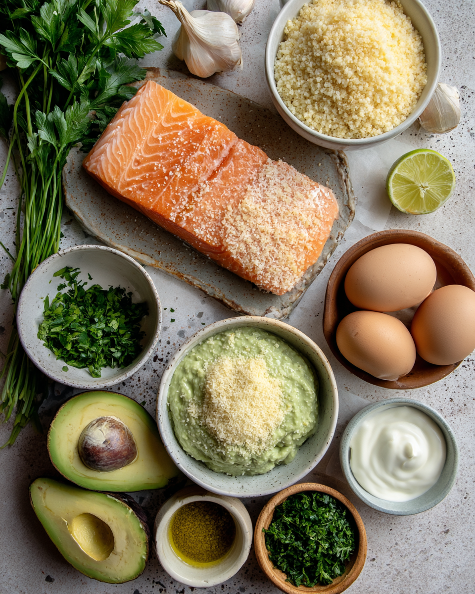 Ingredients for Savory Salmon Balls with Creamy Avocado Sauce Delight