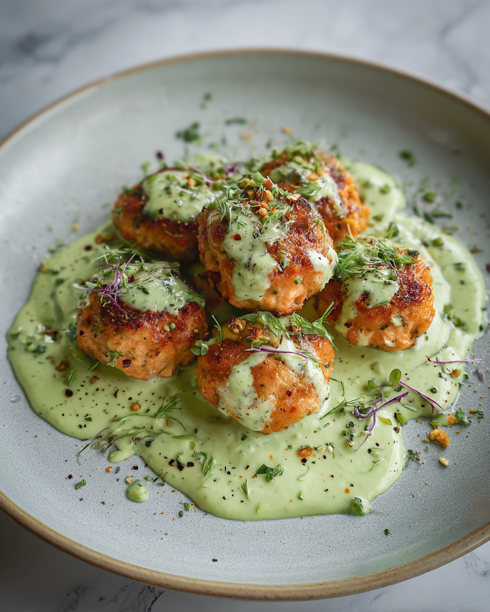 Final dish - Savory Salmon Meatballs Drizzled with Creamy Avocado Sauce