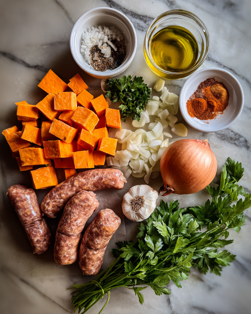 Ingredients for Savory Meets Sweet: The Perfect Sausage and Sweet Potatoes Harmony