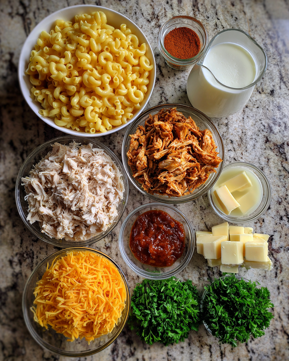 Ingredients for Mouthwatering Shredded BBQ Chicken Mac and Cheese Delight