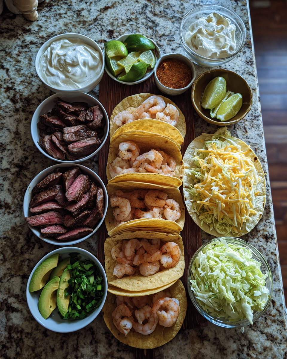 Ingredients for Surf and Turf Fiesta: Irresistible Shrimp and Steak Tacos