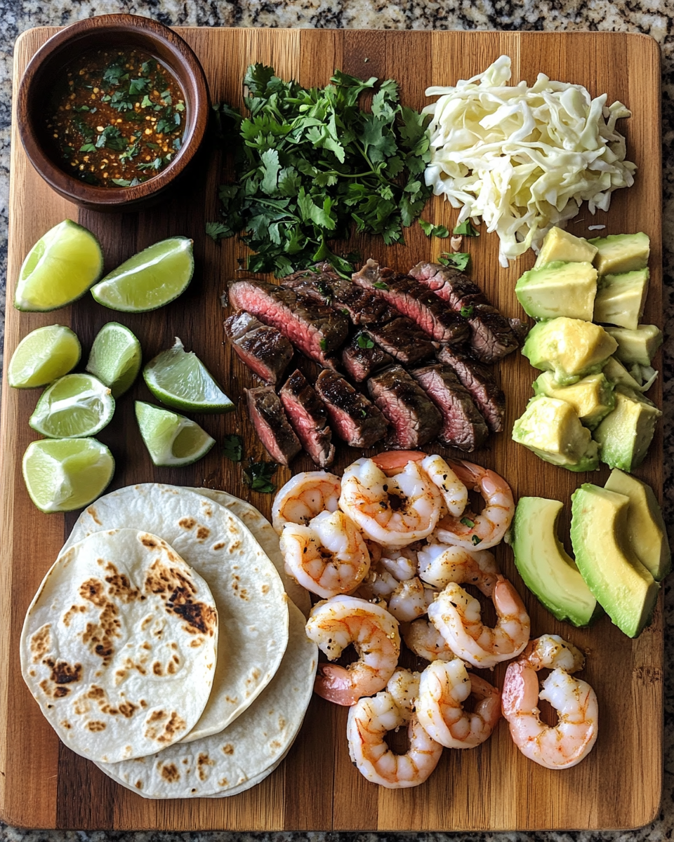 Ingredients for Surf and Turf Delight Shrimp and Steak Tacos Recipe