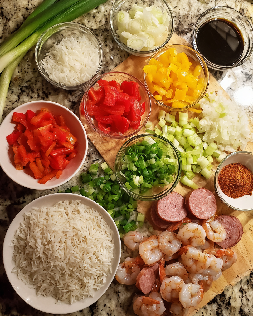 Ingredients for Sizzling Shrimp Sausage Rice Sensation