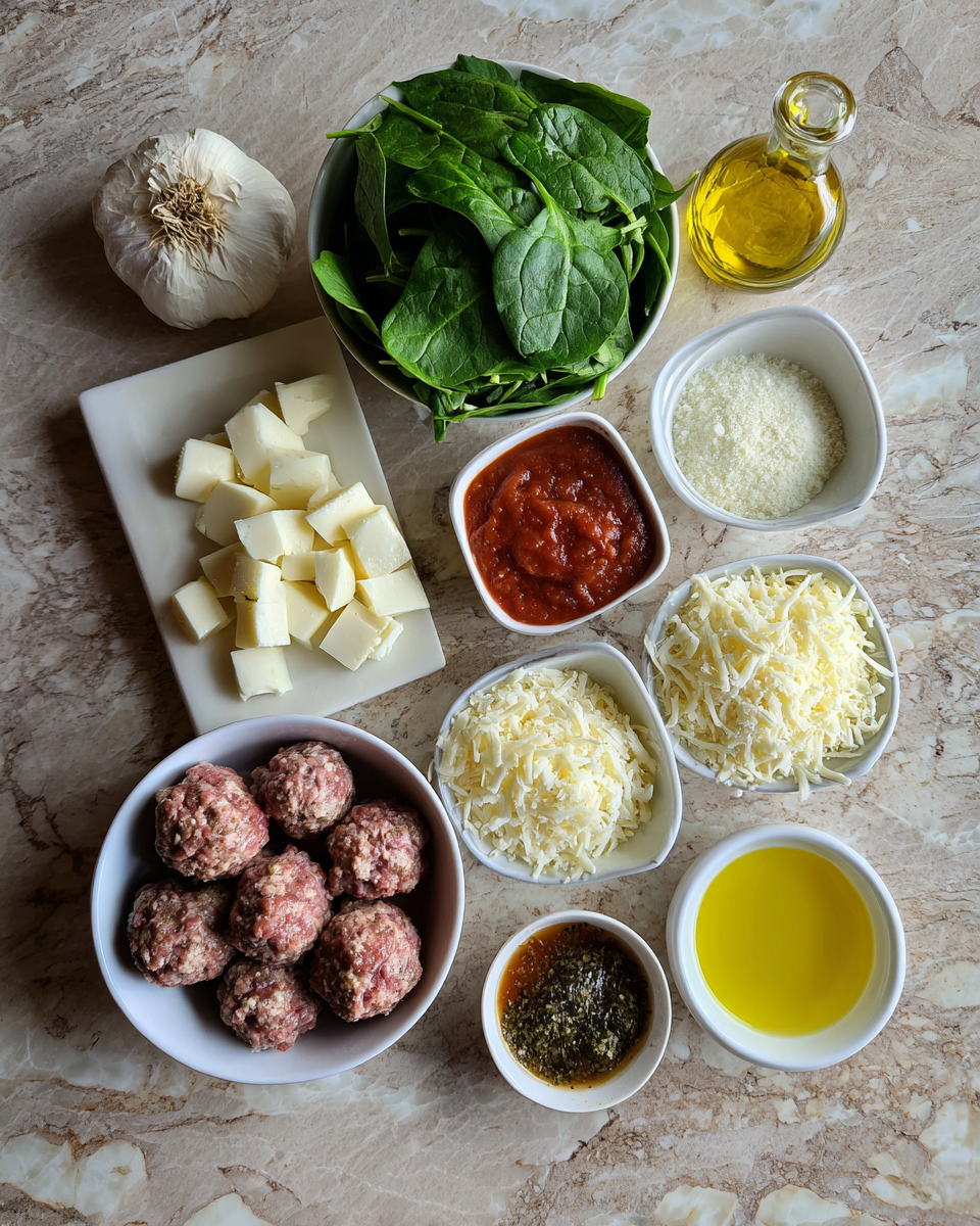 Ingredients for Mozzarella-Stuffed Spinach Garlic Meatballs: A Flavor Explosion