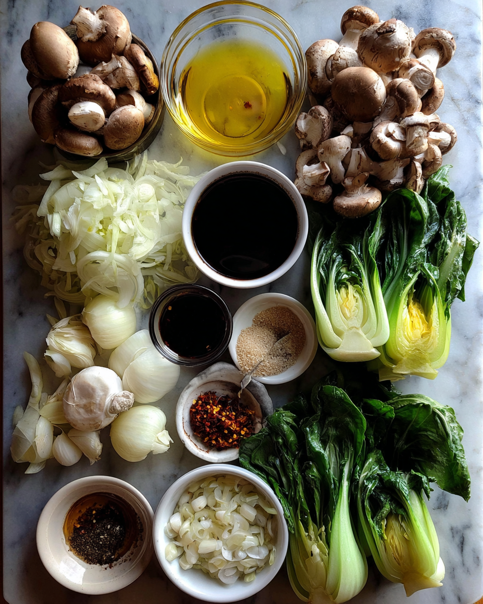 Ingredients for Sizzling Stir Fry with Bok Choy and Mushrooms for a Flavorful Feast