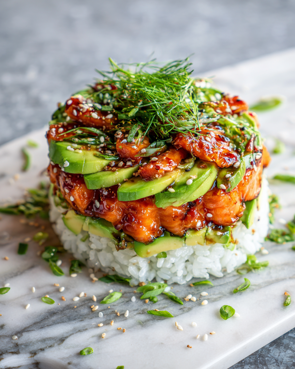 Final dish - Savor the Layers: Teriyaki Salmon Avocado Rice Stack Delight
