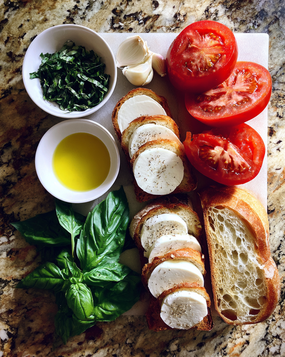 Ultimate Tomato Basil Mozzarella Toast Delight 4 Ingredients for Ultimate Tomato Basil Mozzarella Toast Delight