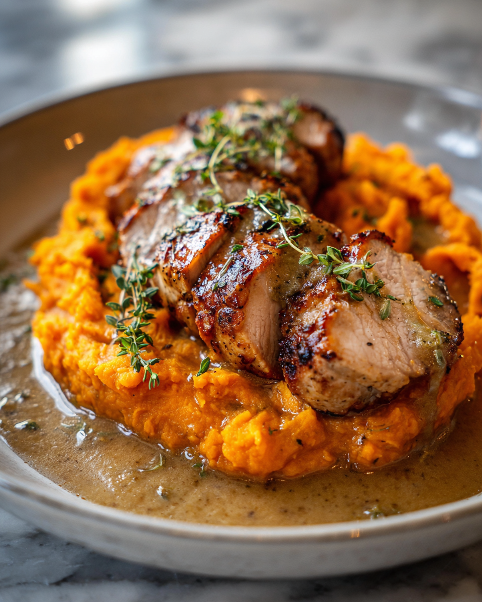 Final dish - Savory Apple Cider Pork with Creamy Mashed Sweet Potatoes Recipe