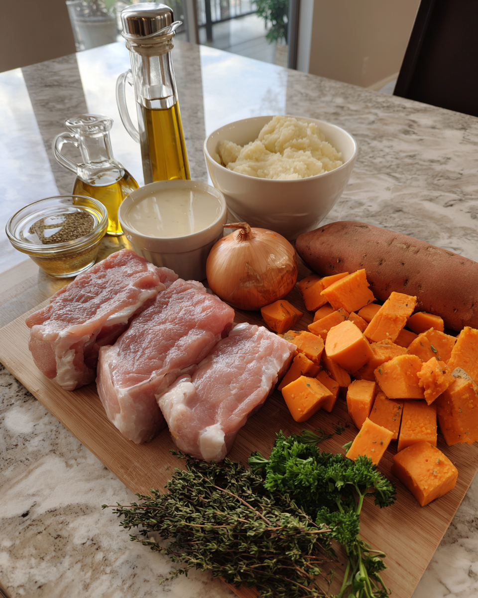 Ingredients for Savory Apple Cider Pork with Creamy Mashed Sweet Potatoes Recipe