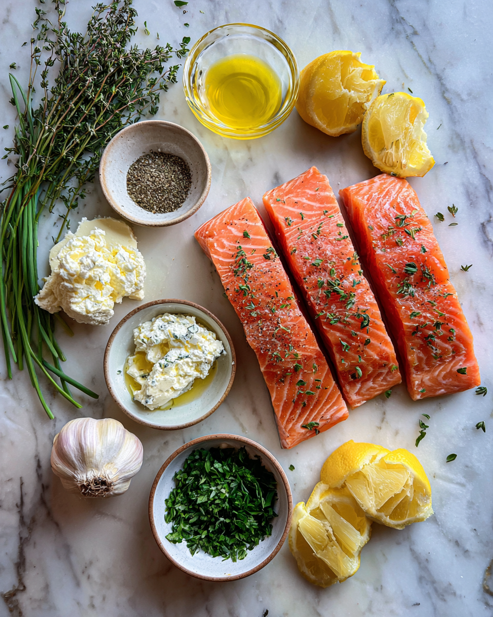 Ingredients for Irresistible Baked Boursin Salmon Recipe for Easy Gourmet Dinners