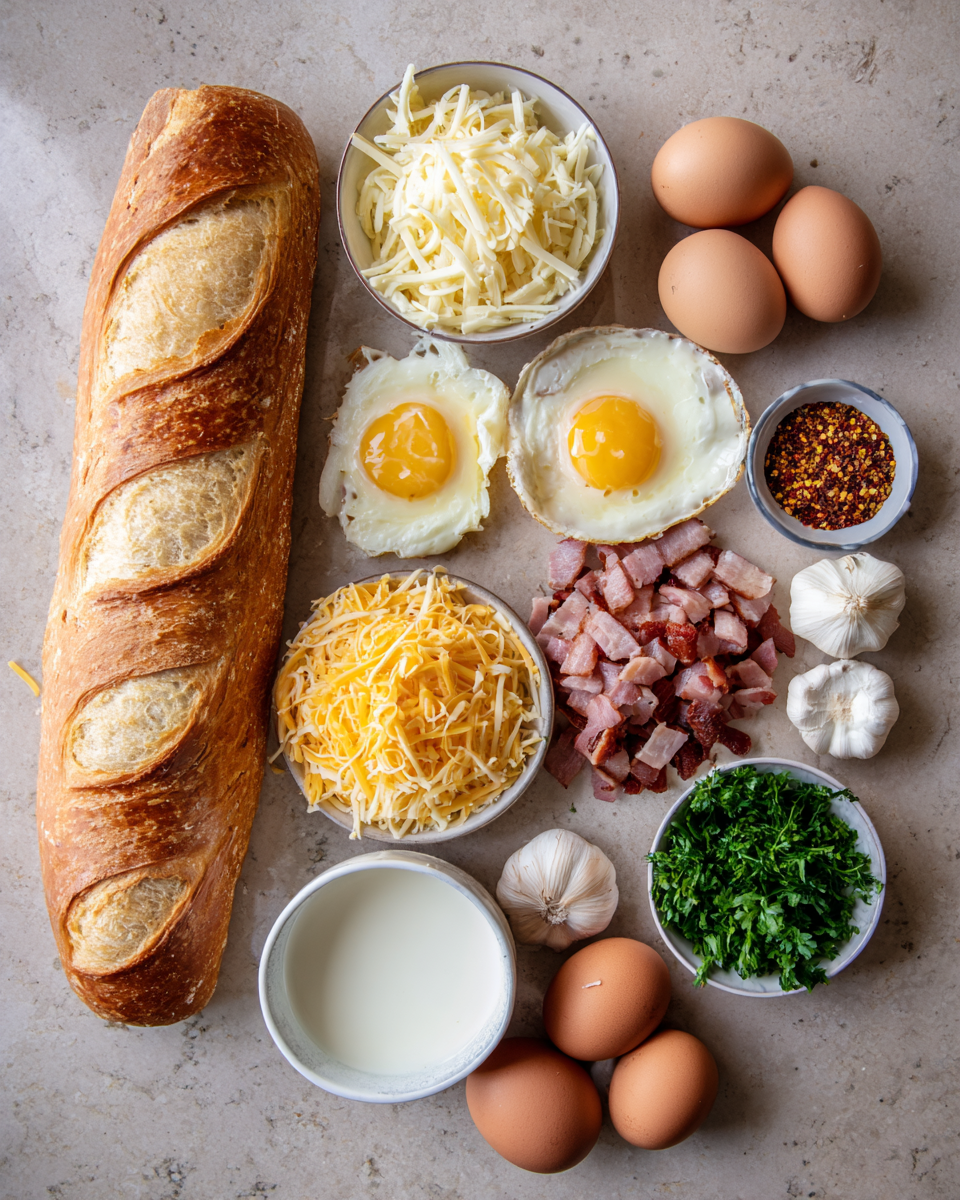 Ingredients for Irresistible Baked Eggs in French Bread Recipe for a Cozy Breakfast