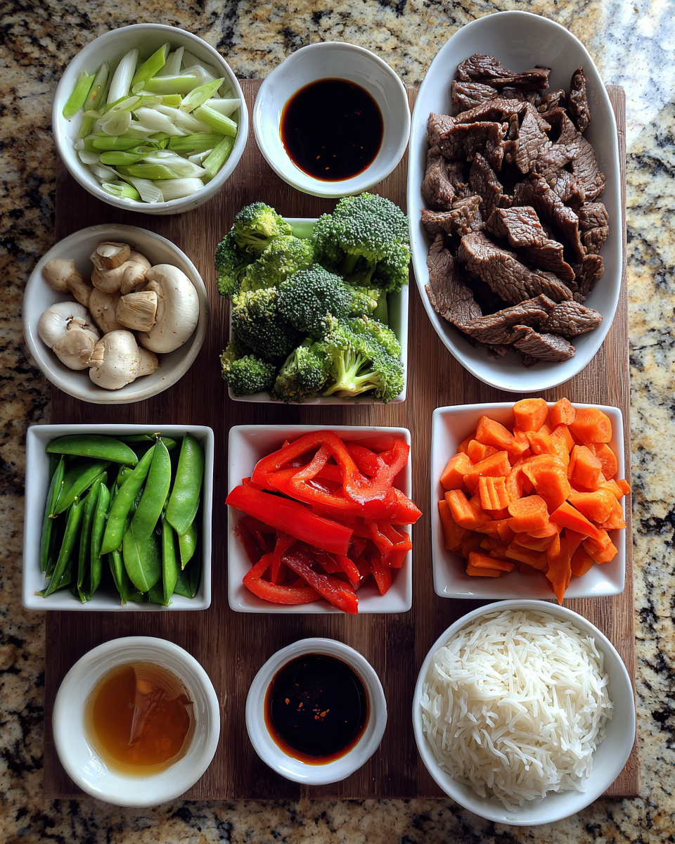 Ingredients for Sizzling Beef and Vegetable Stir Fry Recipe for Quick and Healthy Meals
