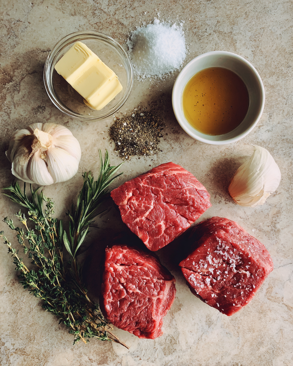 Ingredients for Perfectly Seared Beef Filet Mignon Steak Tips for a Gourmet Dinner