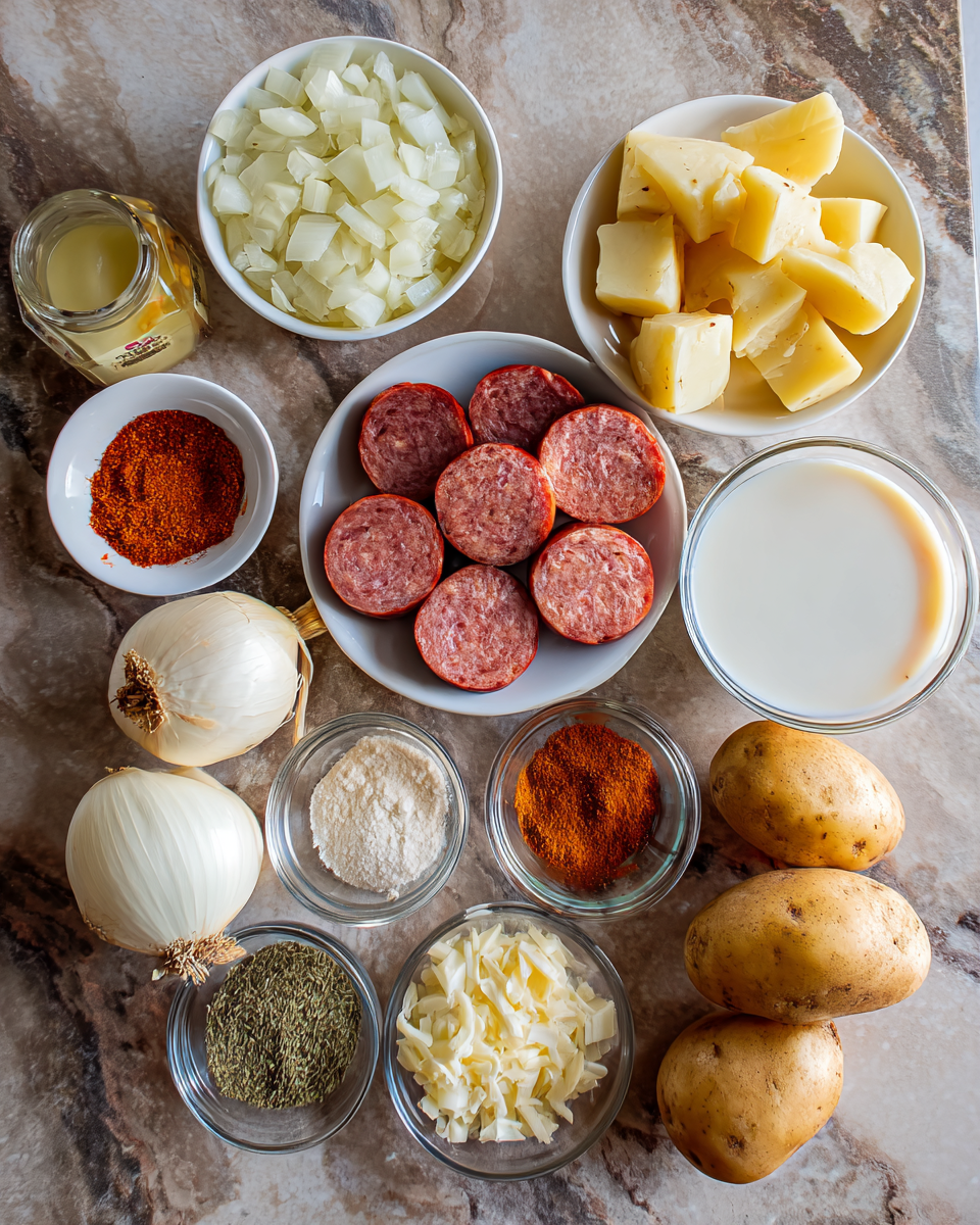 Ingredients for Hearty Cajun Potato Soup with Sausage Recipe to Warm Your Soul