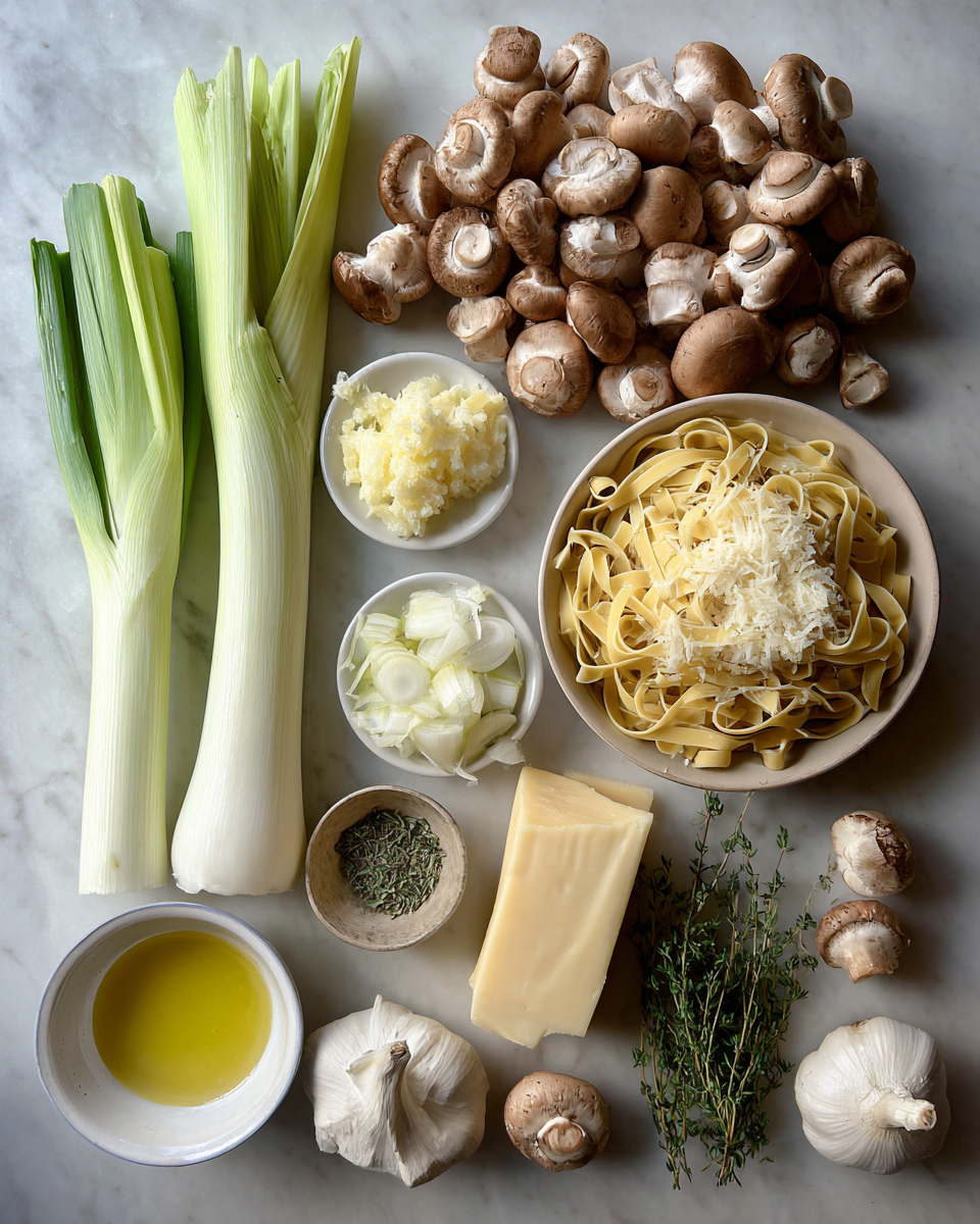 Ingredients for Irresistible Caramelized Leek and Mushroom Gruyere Pasta Recipe