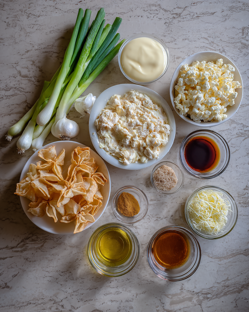 Ingredients for Irresistible Crab Rangoon Dip with Crispy Wonton Chips