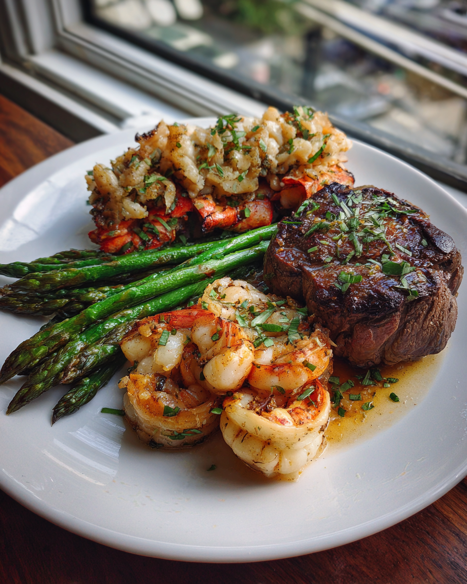 Final dish - Decadent Filet Mignon with Shrimp and Lobster Surf and Turf Delight