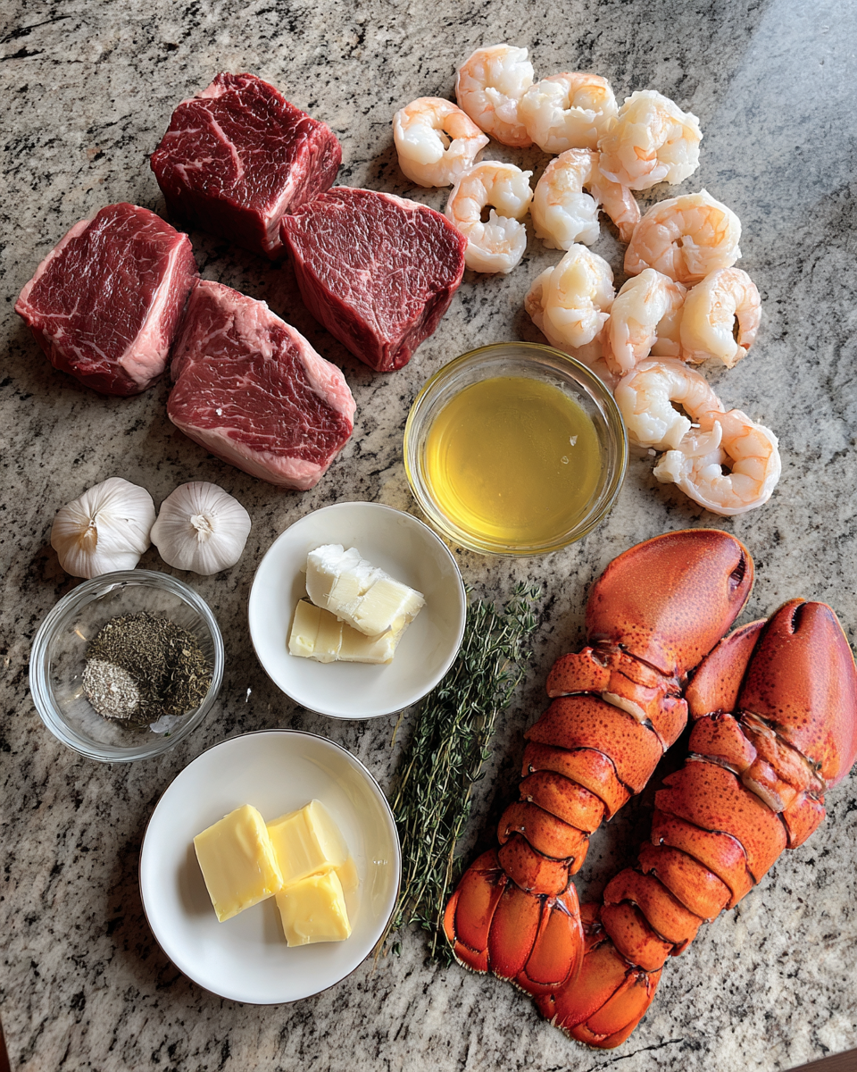 Ingredients for Decadent Filet Mignon with Shrimp and Lobster Surf and Turf Delight