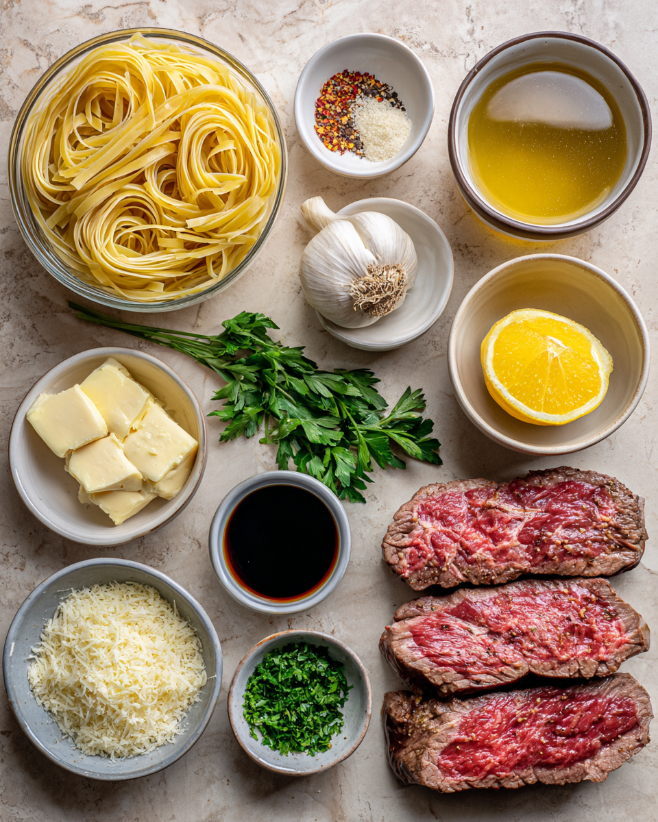 Ingredients for Irresistible Garlic Butter Steak and Pasta Recipe for Your Next Dinner