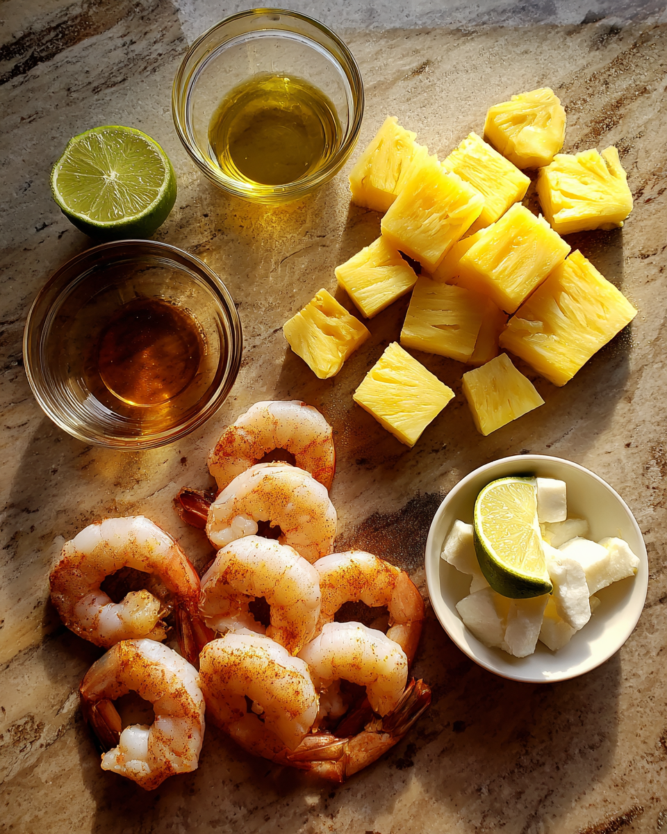 Ingredients for Sizzling Grilled Jerk Shrimp and Pineapple Skewers for a Tropical Feast