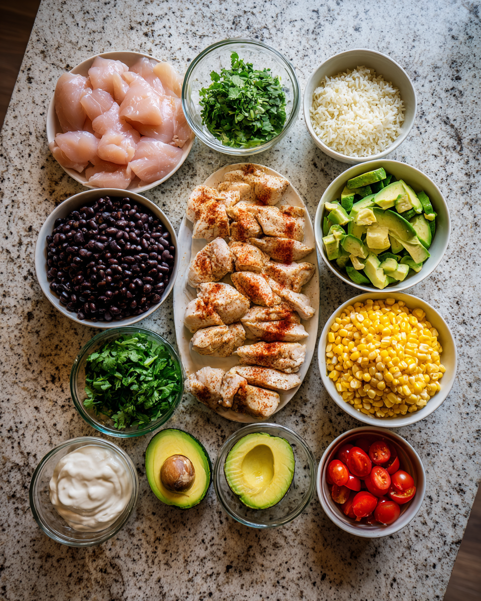 Ingredients for Zesty Lime Chicken and Rice Bowls Perfect for a Quick and Flavorful Meal