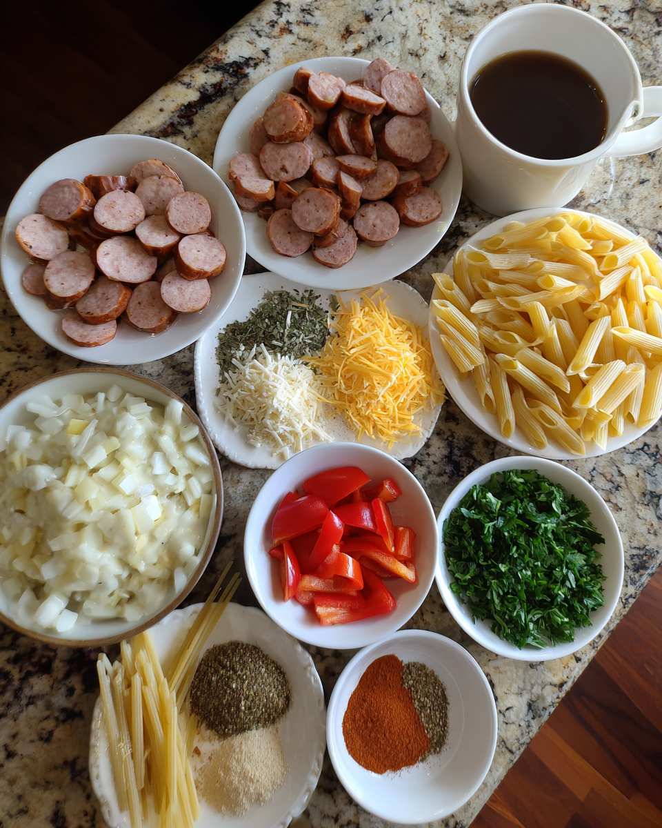 Ingredients for One Pot Creamy Cajun Sausage Pasta Recipe for Effortless Flavor