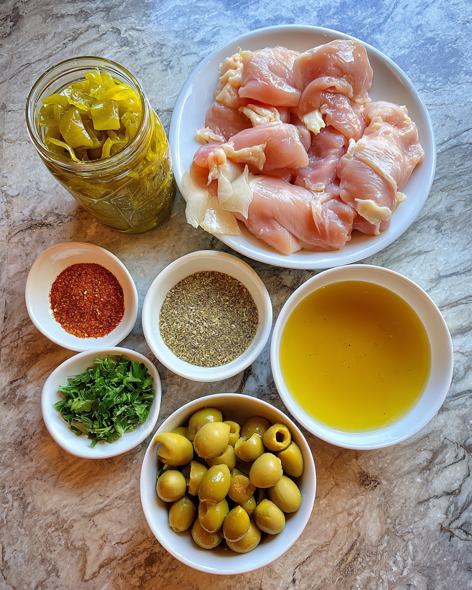 Ingredients for One-Pan Pepperoncini Chicken Skillet Recipe for Easy Flavor-Packed Dinners