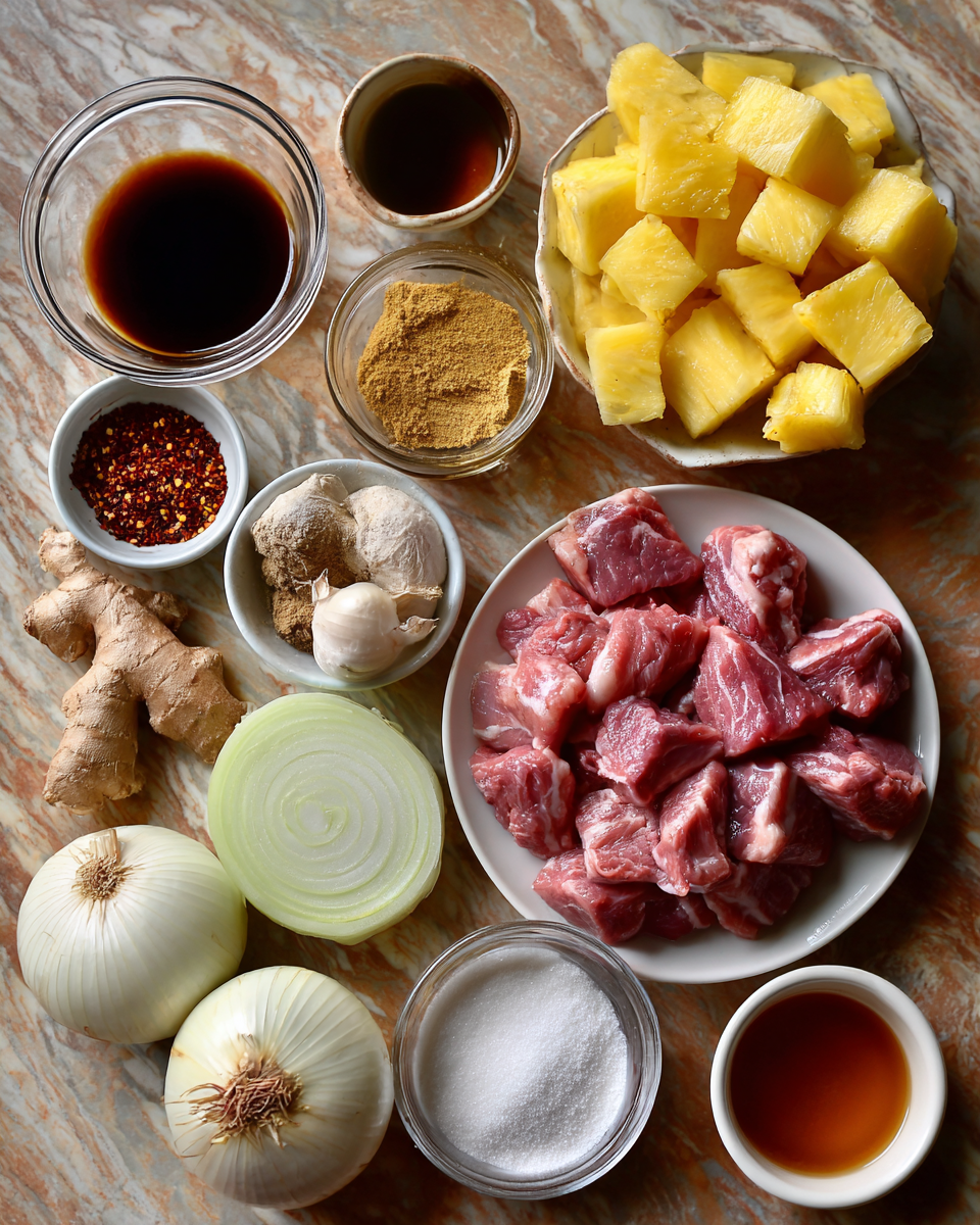 Ingredients for Sweet and Savory Pineapple Pork Slow Cooker Recipe for Easy Weeknight Dinners