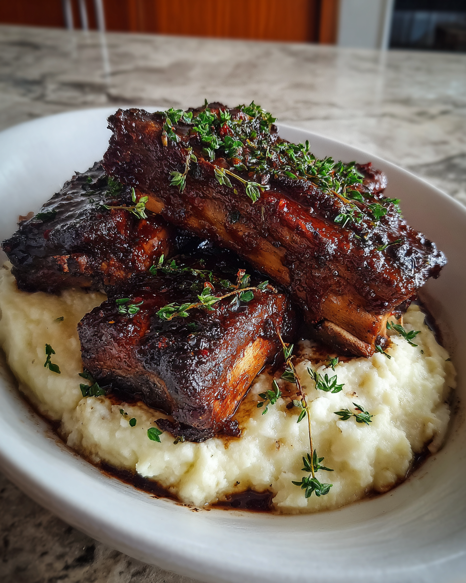 Final dish - Mouthwatering Ribs with Red Wine and Garlic Mash Recipe