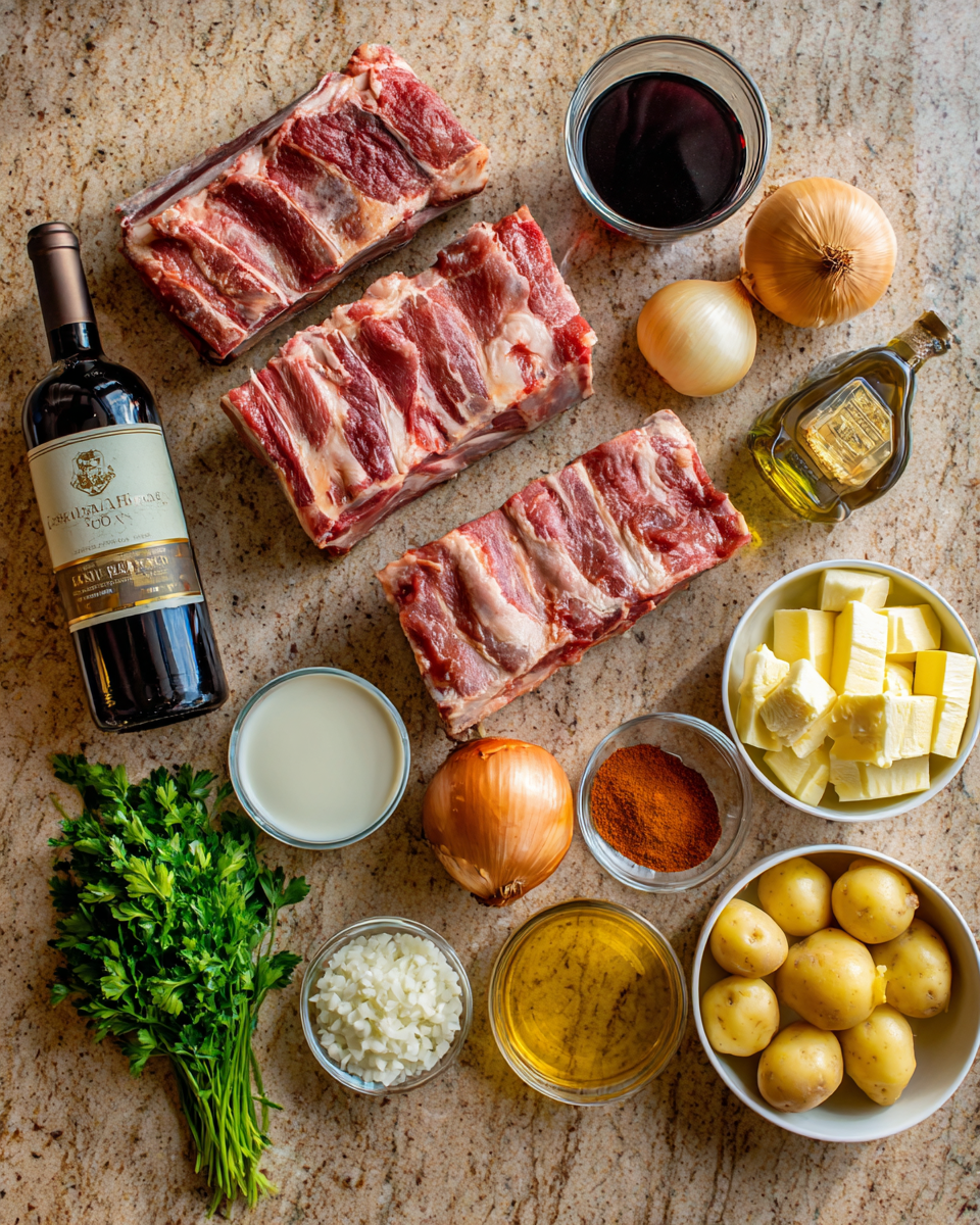 Ingredients for Mouthwatering Ribs with Red Wine and Garlic Mash Recipe