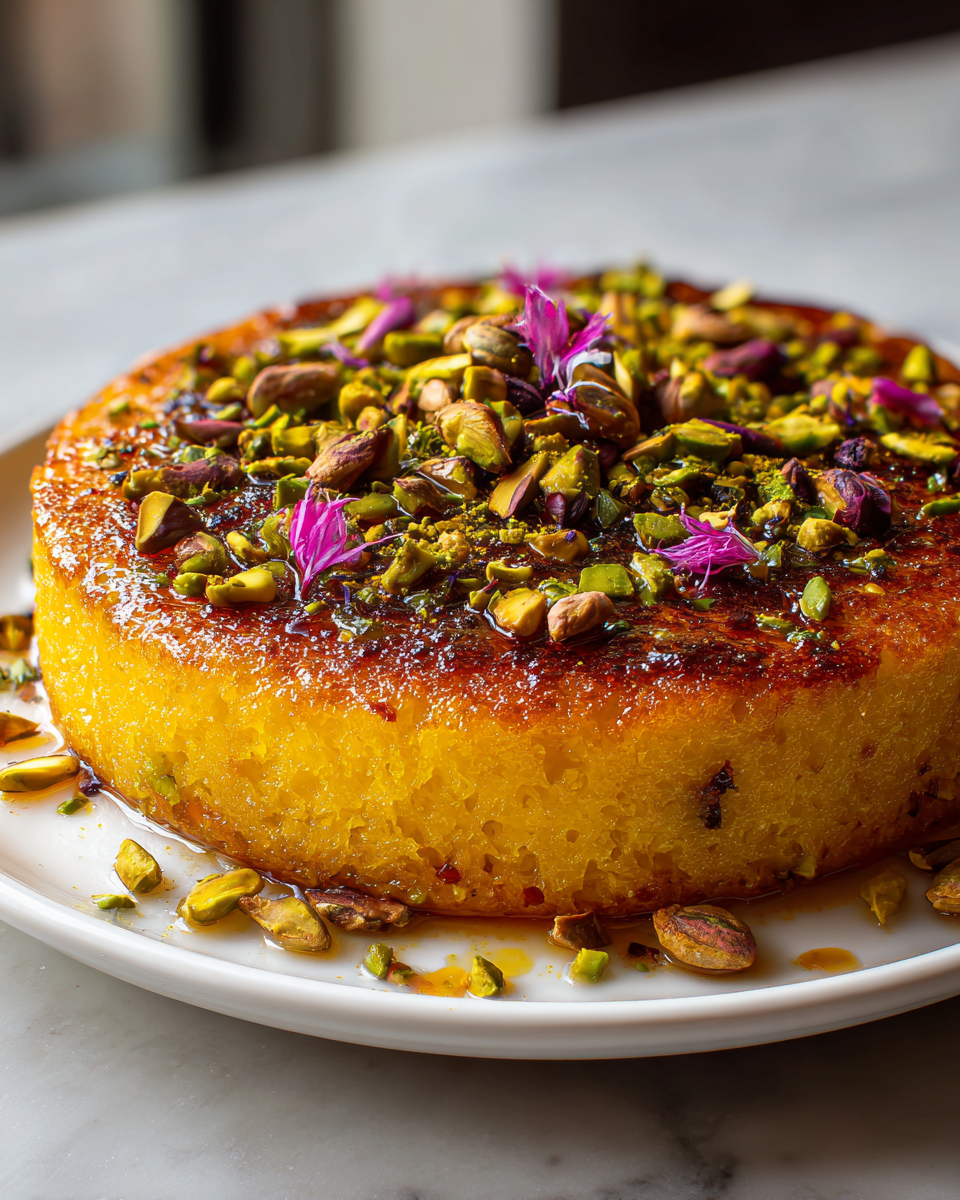 Final dish - Indulge in the Exotic Delight of Saffron Pistachio Basbousa